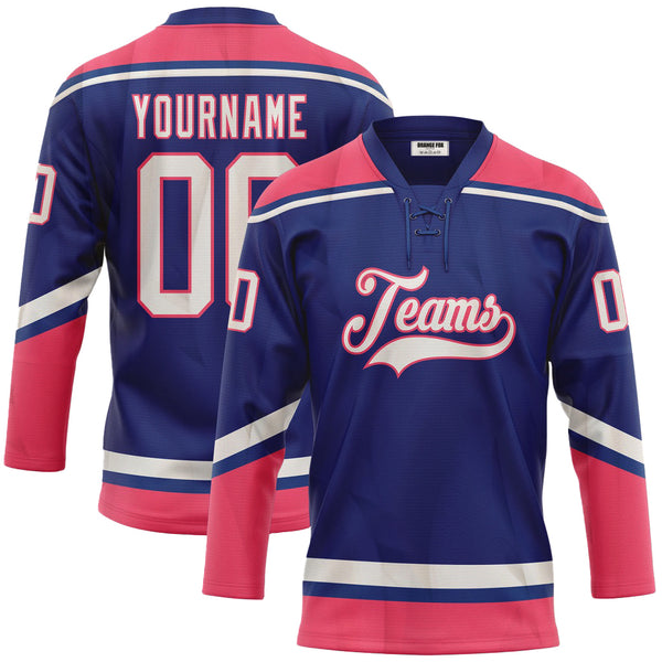 Custom Royal White-Neon Pink Neck Hockey Jersey For Men & Women