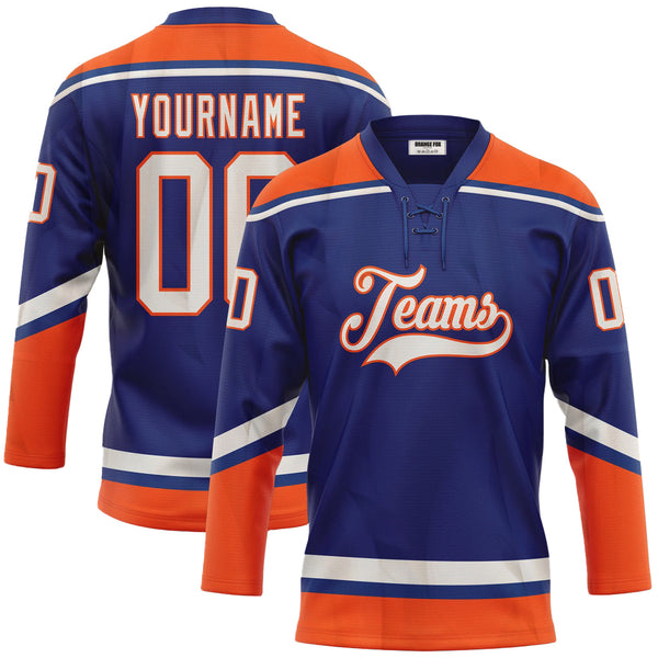Custom Royal White-Orange Neck Hockey Jersey For Men & Women