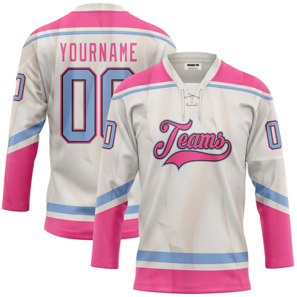 Custom White Pink Blue Neck Hockey Jersey For Men & Women