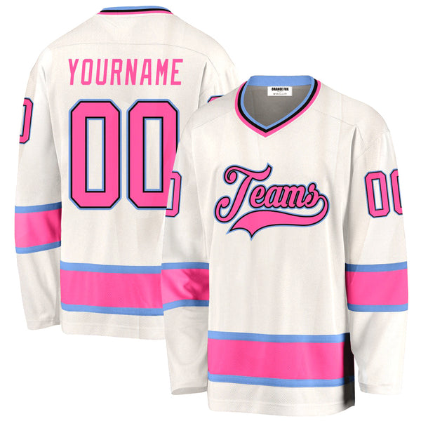 Custom White Pink Blue V Neck Hockey Jersey For Men & Women