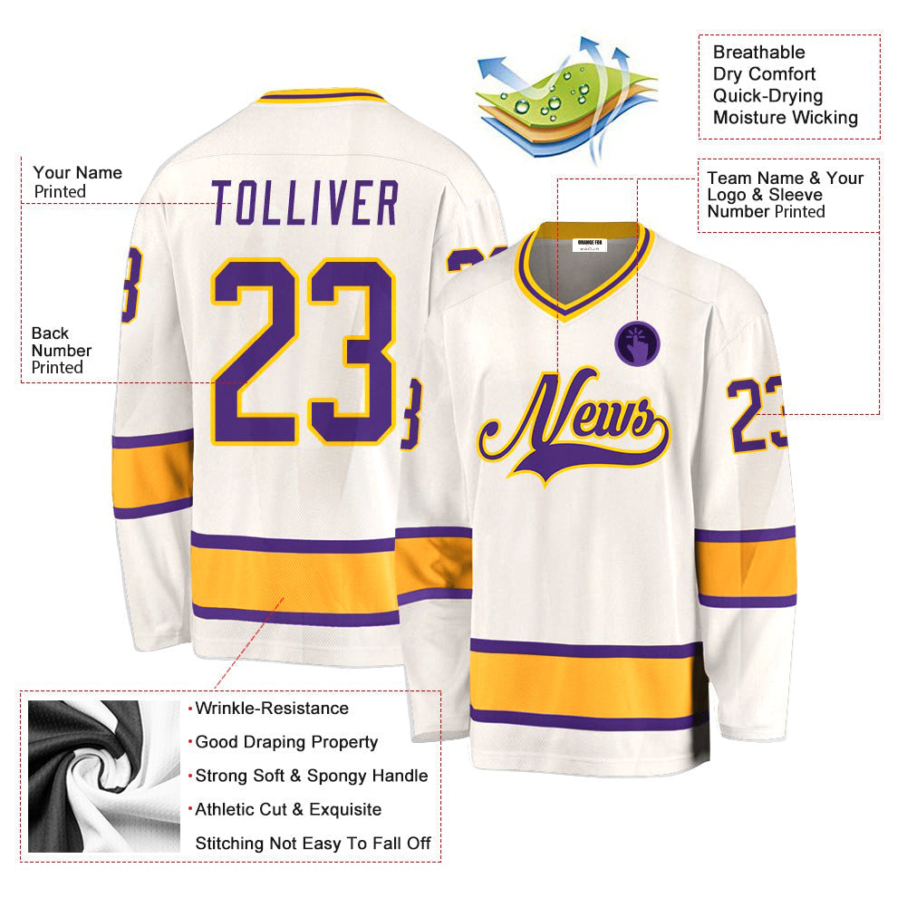 Custom White Purple Yellow V Neck Hockey Jersey For Men & Women