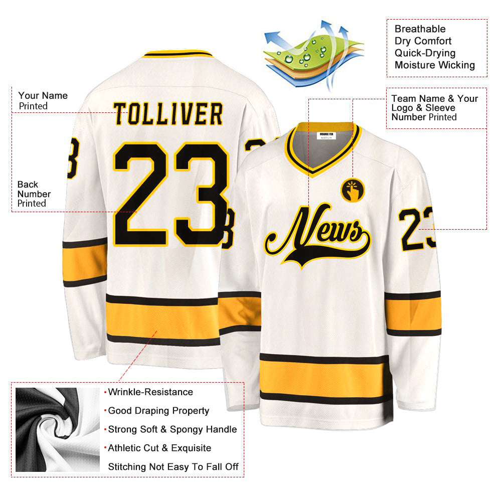 Custom White Yellow Black V Neck Hockey Jersey For Men & Women