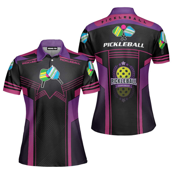 Pickleball Black And Purple Pickleball Paddles Polo Shirt For Women