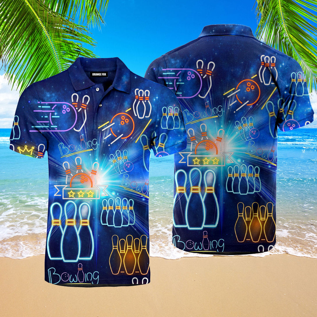 Amazing Bowling Neon Blue Aloha Colorful Light Polo Shirt For Men