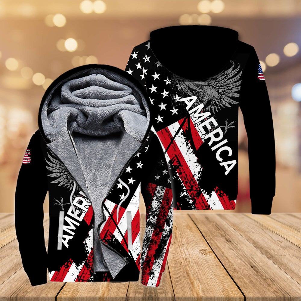 America Grunge Flag Fleece Zip Hoodie For Men & Women