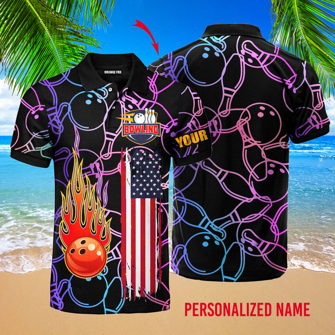 American Flag Fire Bowling Custom Name Polo Shirt For Men & Women