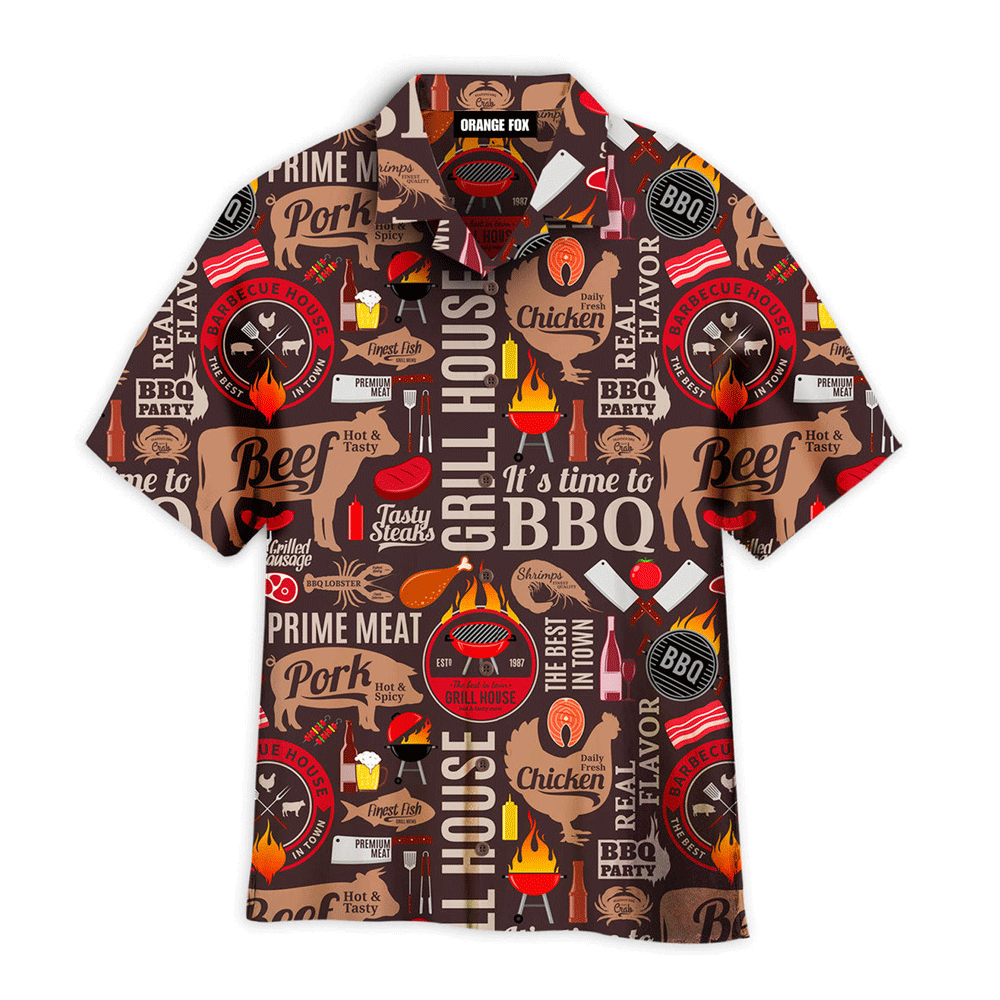 Barbecue It's Time To BBQ Grill House Chicken Beef Pattern Aloha Brown Hawaiian Shirts For Men And Women WH1173