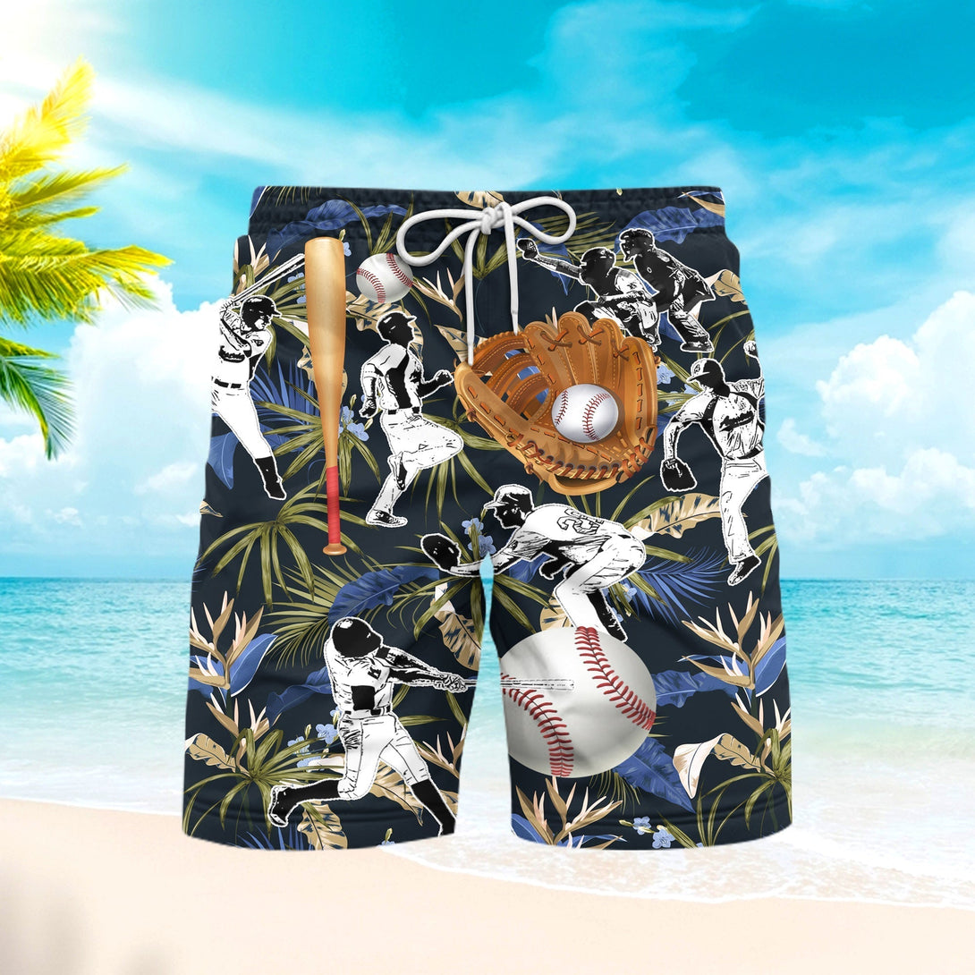 Baseball Bat Gloves Tropical Palm Leaves Pattern Beach Shorts For Men