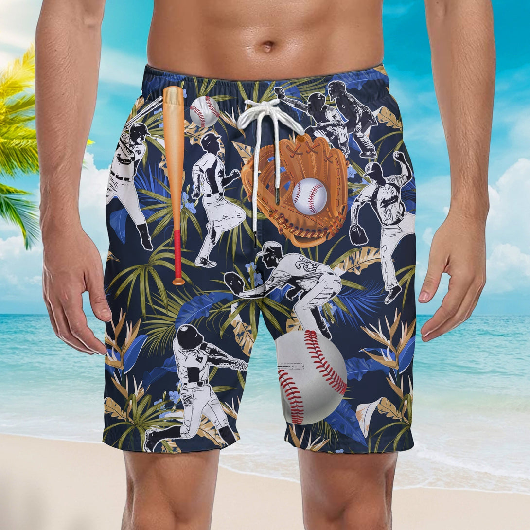 Baseball Bat Gloves Tropical Palm Leaves Pattern Beach Shorts For Men