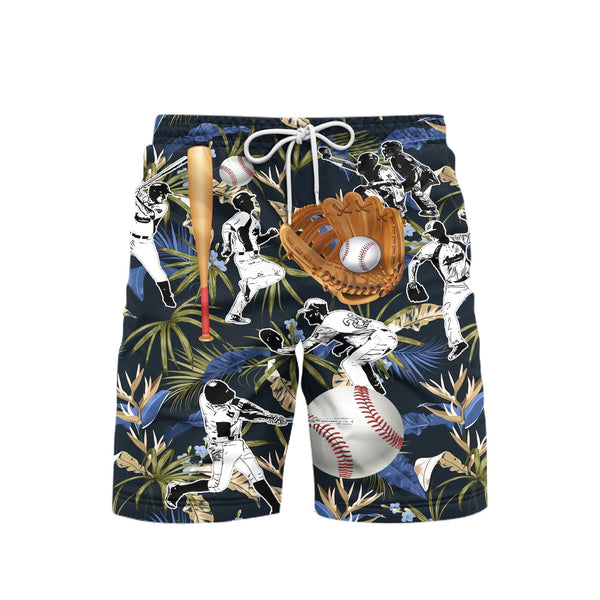 Baseball Bat Gloves Tropical Palm Leaves Pattern Beach Shorts For Men