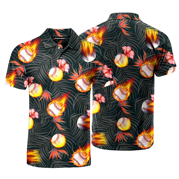 Baseball Fire Tropical Polo Shirt For Men