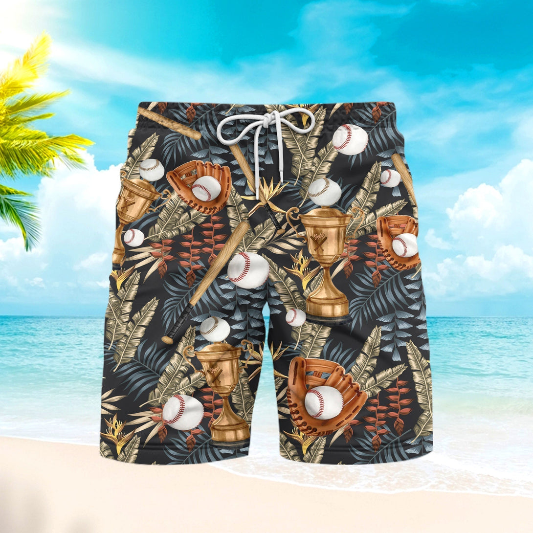 Baseball Palm Leaves Pattern Beach Shorts For Men