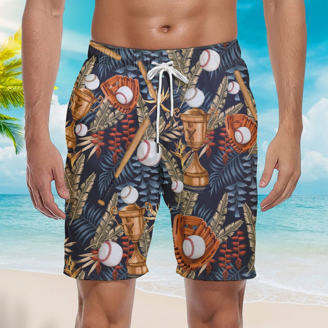 Baseball Palm Leaves Pattern Beach Shorts For Men