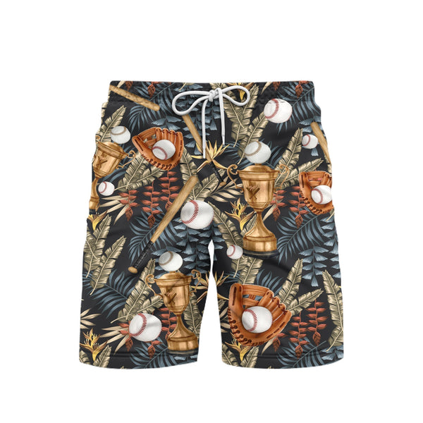 Baseball Palm Leaves Pattern Beach Shorts For Men
