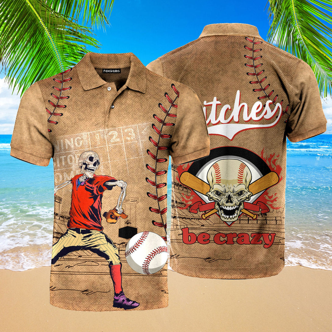 Baseball Skull Pitches Be Crazy Polo Shirt For Men