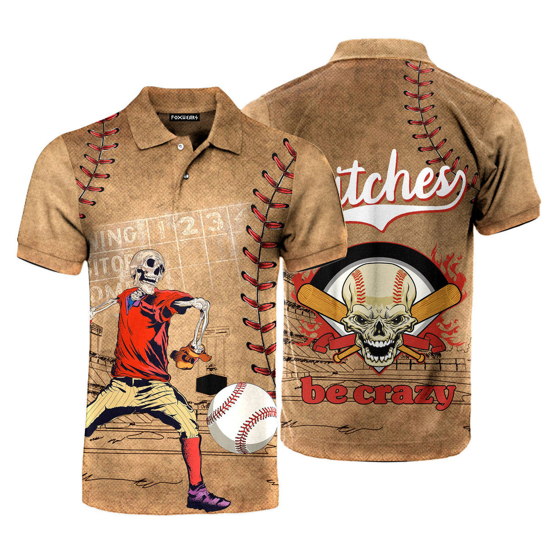 Baseball Skull Pitches Be Crazy Polo Shirt For Men