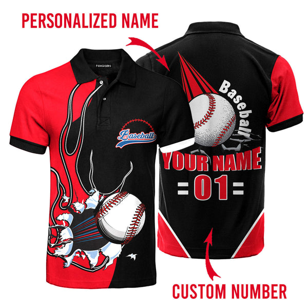 Baseball Sport Black And Red Custom Name Polo Shirt For Men & Women PL5078