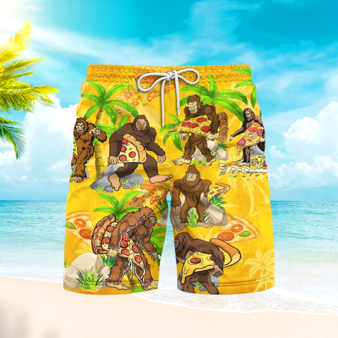 BigFoot Eating Pizza Palm Trees Yellow Beach Shorts For Men