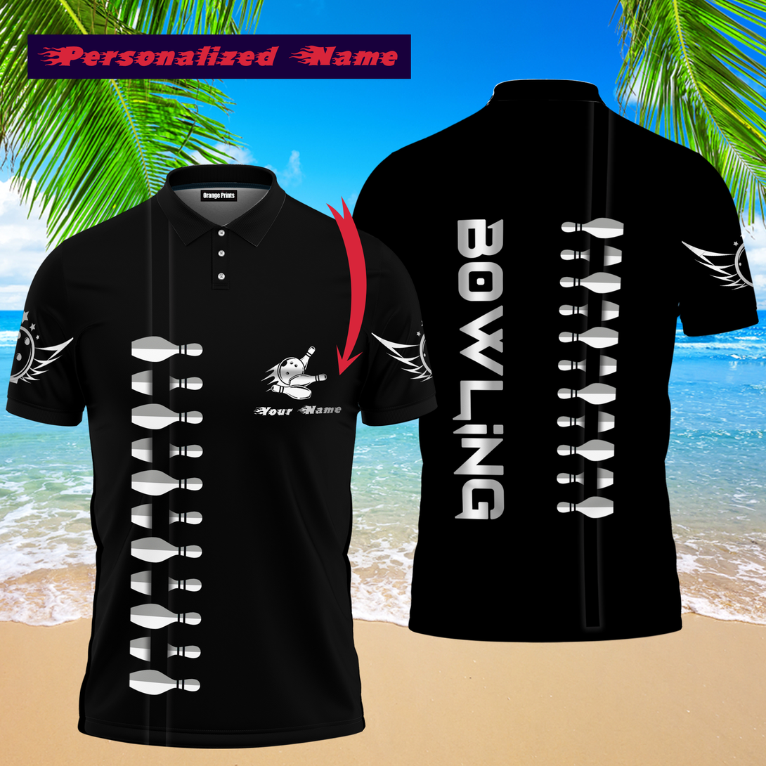 Black Bowling Aloha Custom Name Polo Shirt For Men & Women
