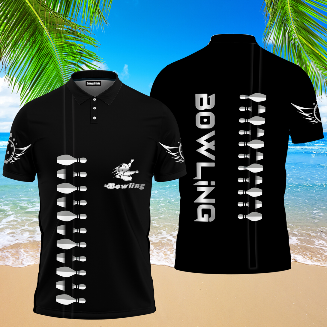 Black Bowling Aloha Polo Shirt For Men