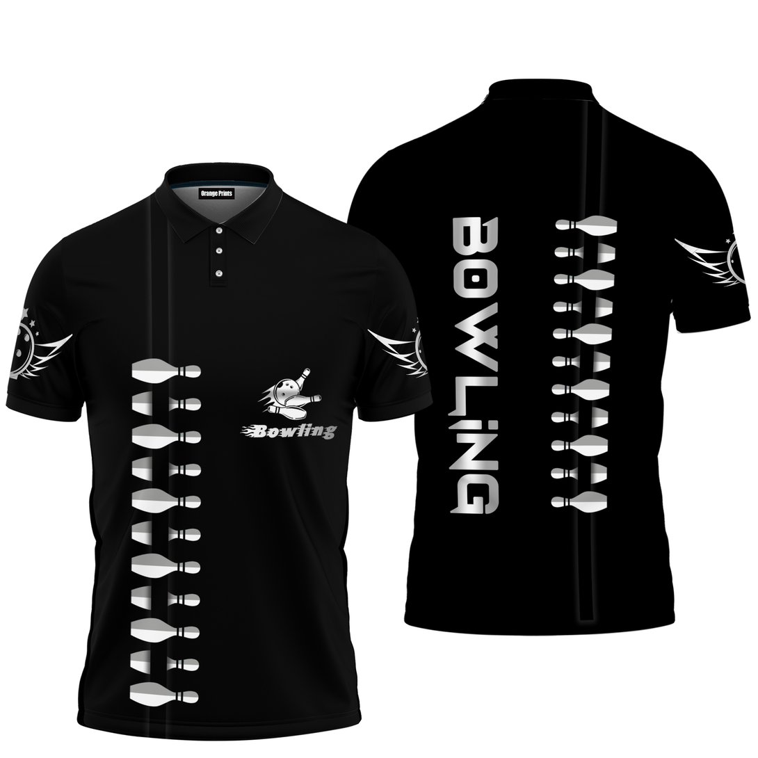 Black Bowling Aloha Polo Shirt For Men