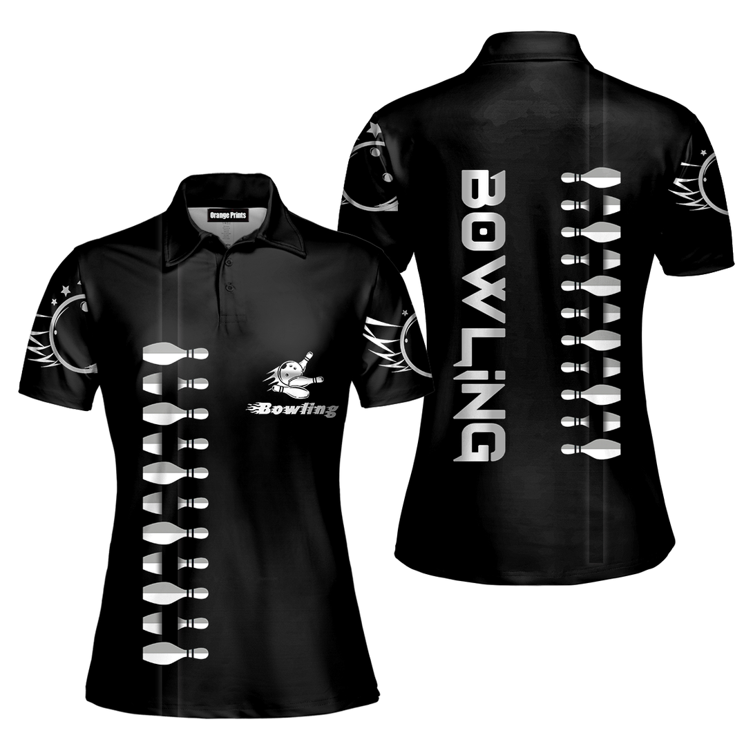 Black Bowling Aloha Polo Shirt For Women