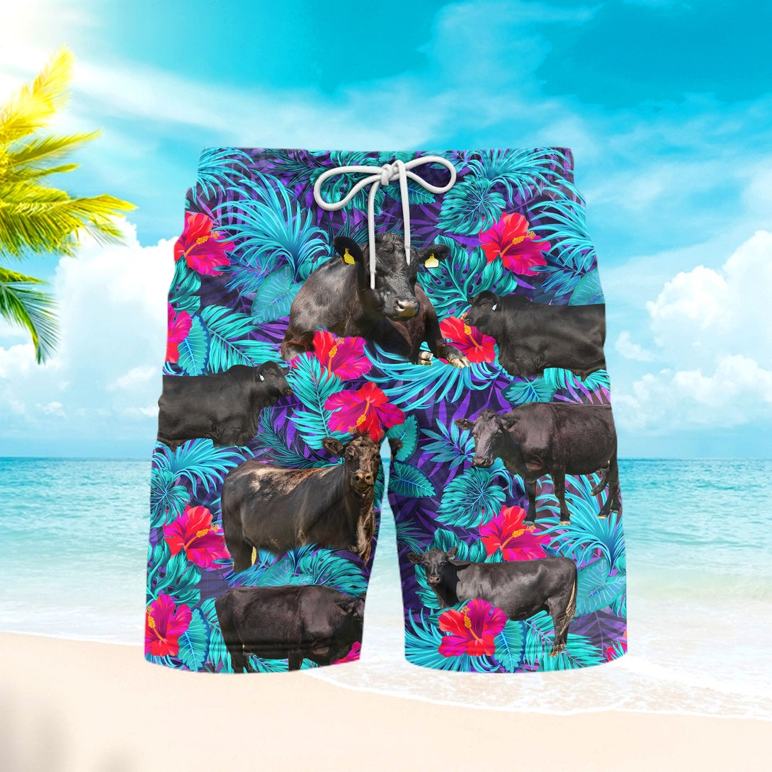 Black Cow Red Flower Tropical Lovers Beach Shorts For Men