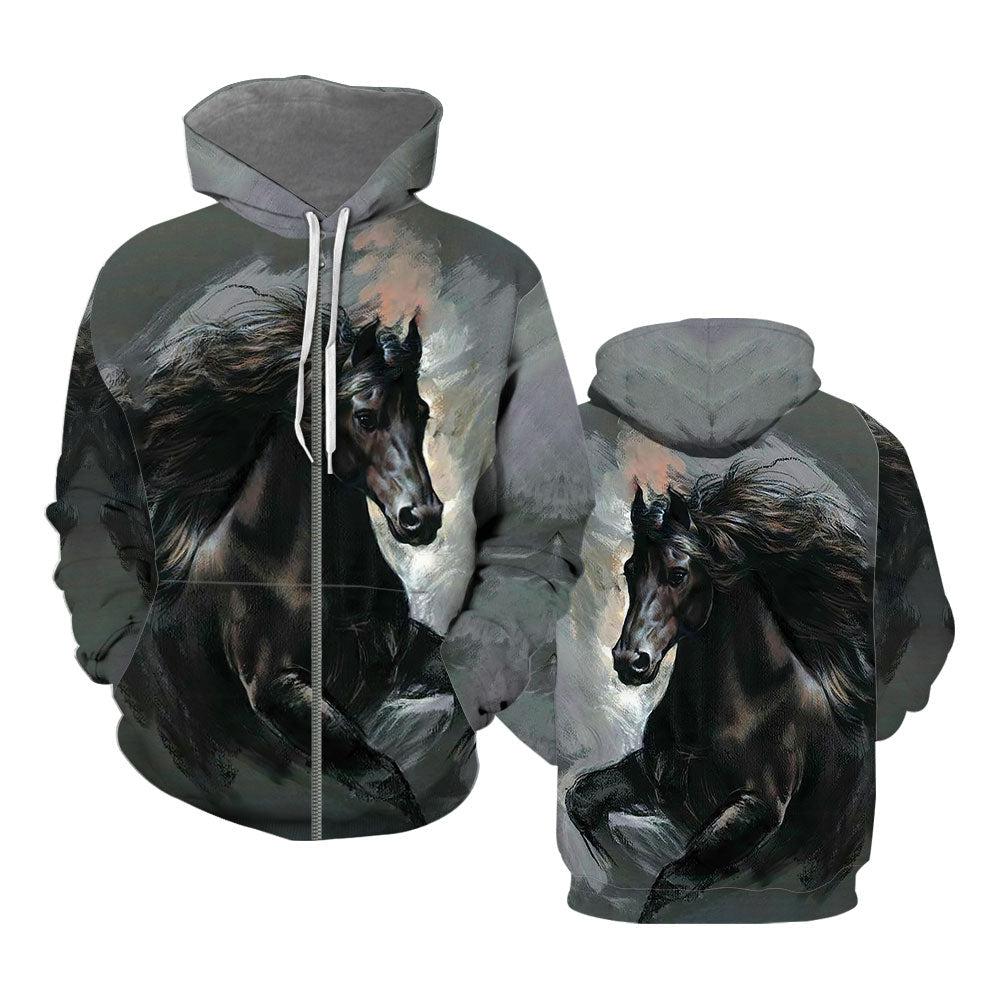 Black Horse Zip Up Hoodie For Men & Women