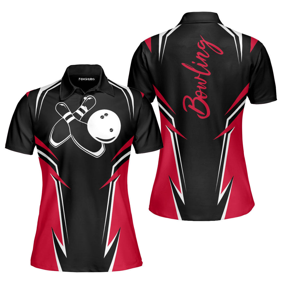 Black Red Bowling Polo Shirt For Women