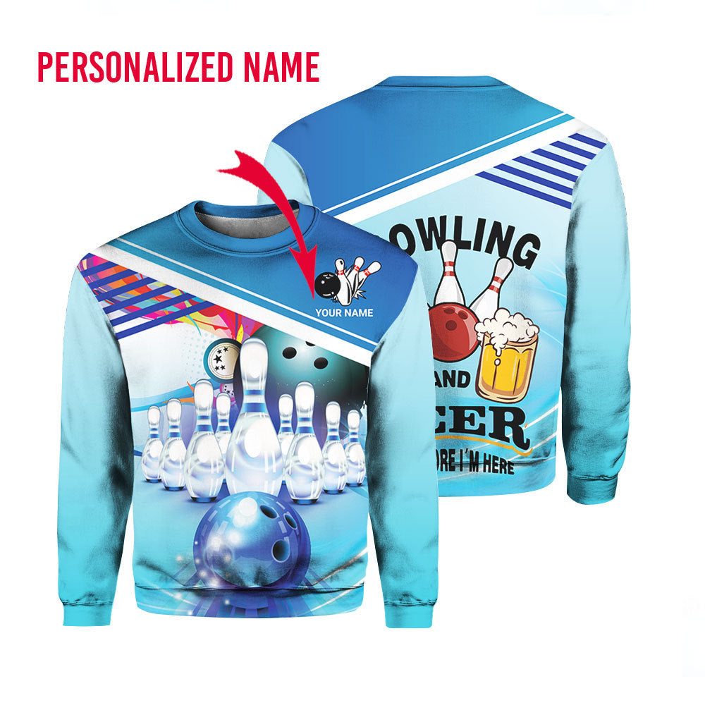 Blue Bowling and Beer Custom Name Crewneck Sweatshirt For Men & Women