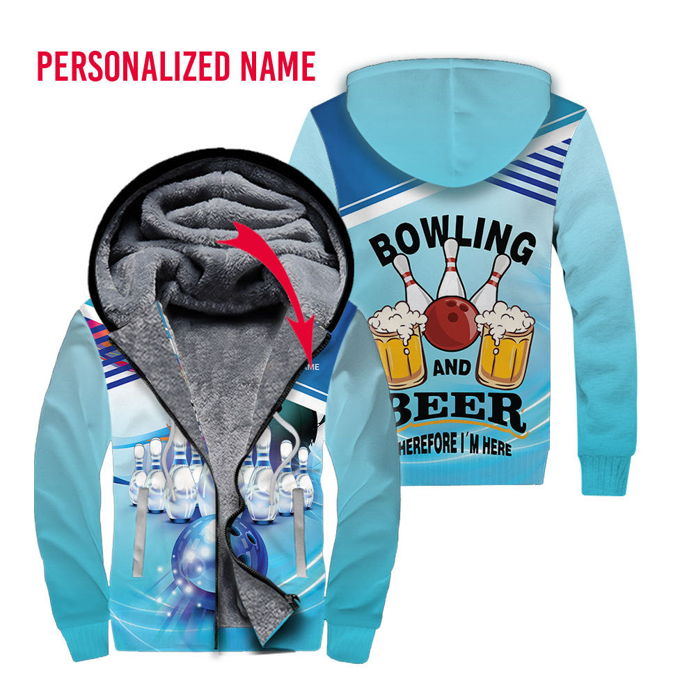 Blue Bowling and Beer Custom Name Fleece Zip Hoodie For Men & Women