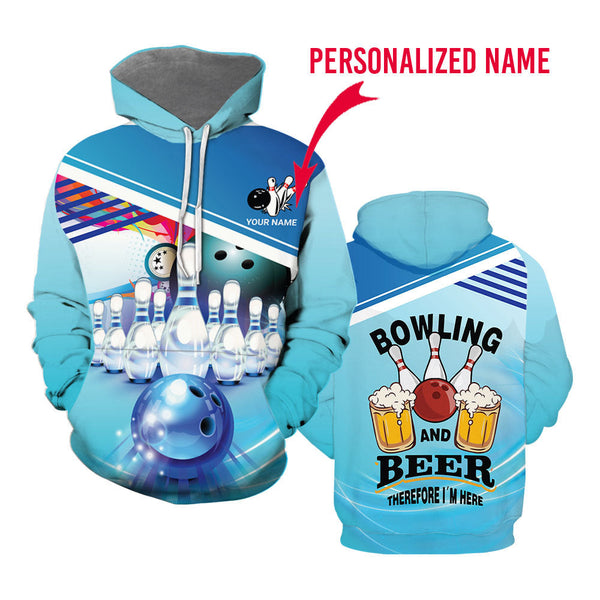 Blue Bowling and Beer Custom Name Hoodie For Men & Women