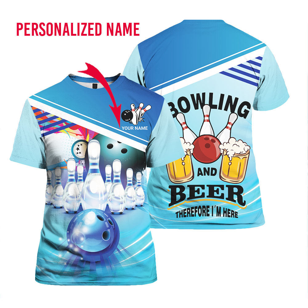 Blue Bowling and Beer Custom Name T Shirt For Men & Women