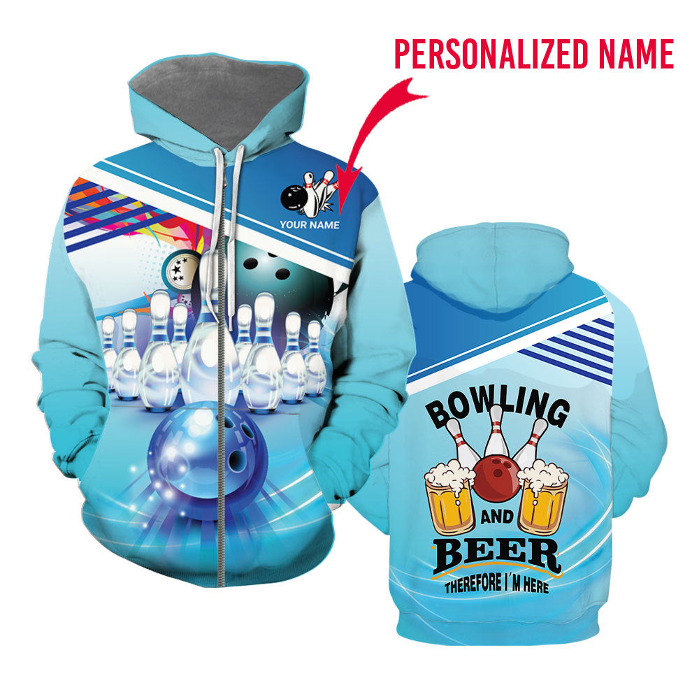 Blue Bowling and Beer Custom Name Zip Up Hoodie For Men & Women