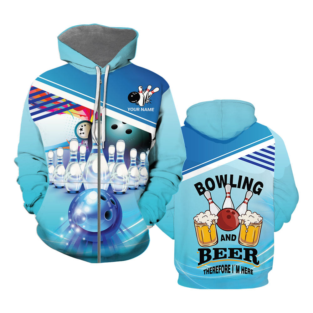 Blue Bowling and Beer Zip Up Hoodie For Men & Women