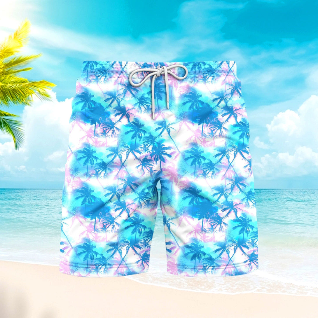 Blue Pink Neon Coconut Palm Tropical Beach Shorts For Men