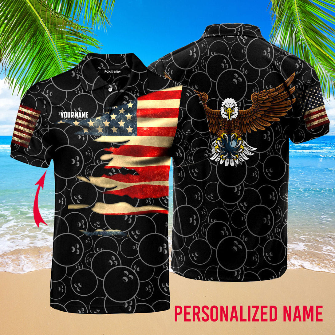 Bowling American Flag Eagle Black Custom Name Polo Shirt For Men & Women