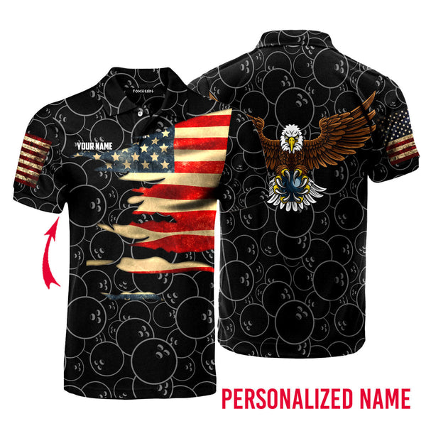 Bowling American Flag Eagle Black Custom Name Polo Shirt For Men & Women