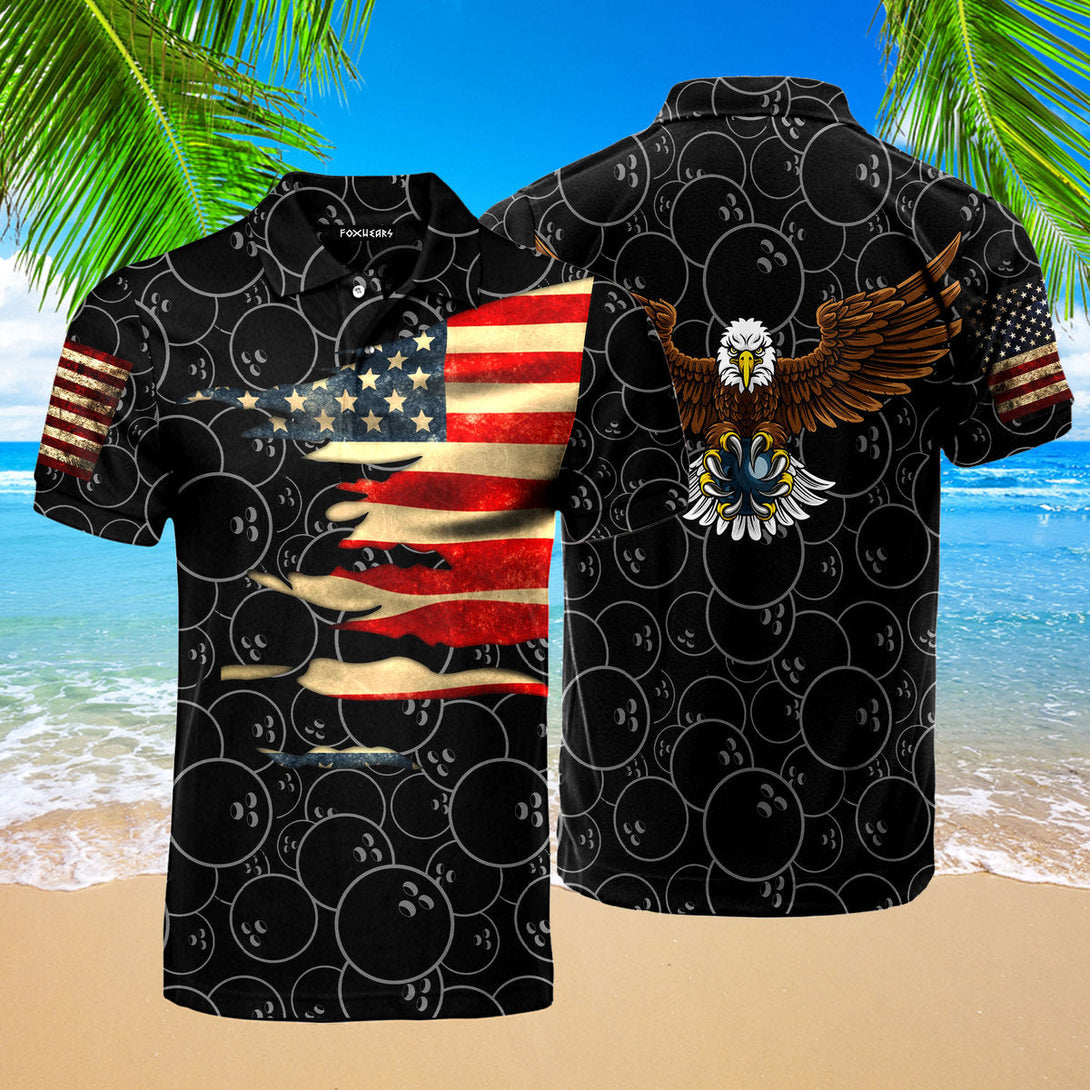 Bowling American Flag Eagle Black Polo Shirt For Men