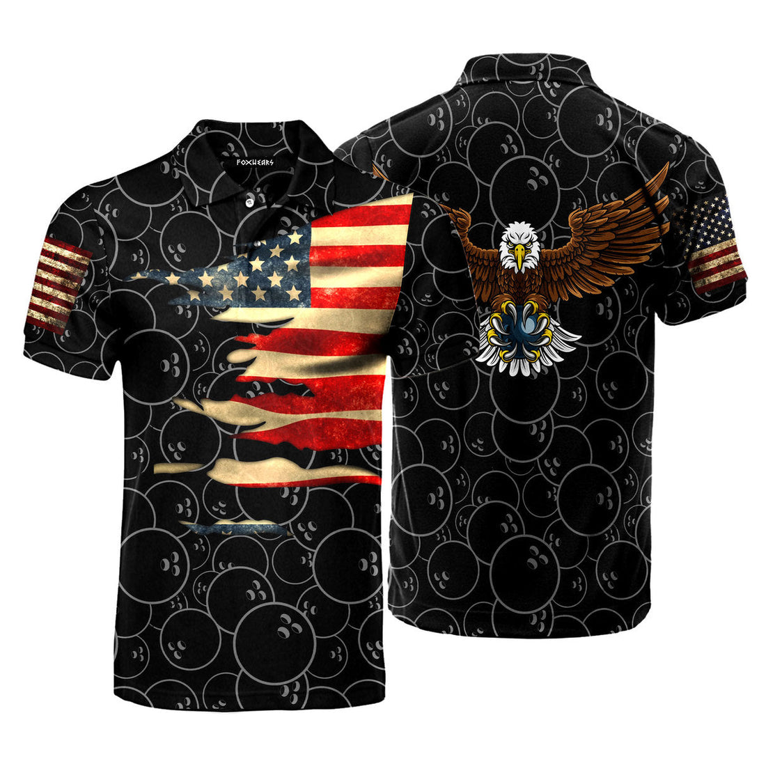 Bowling American Flag Eagle Black Polo Shirt For Men