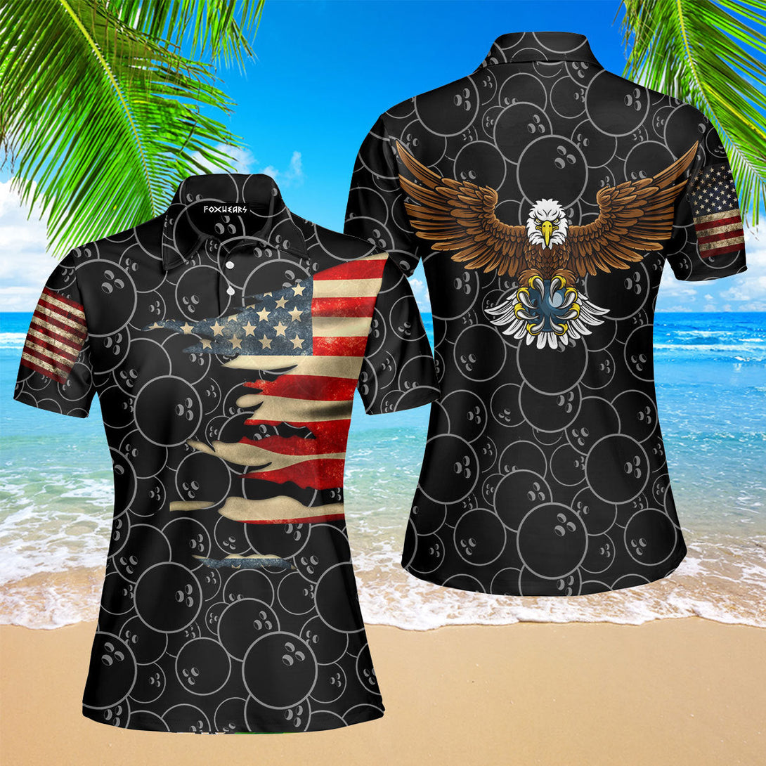 Bowling American Flag Eagle Black Polo Shirt For Women