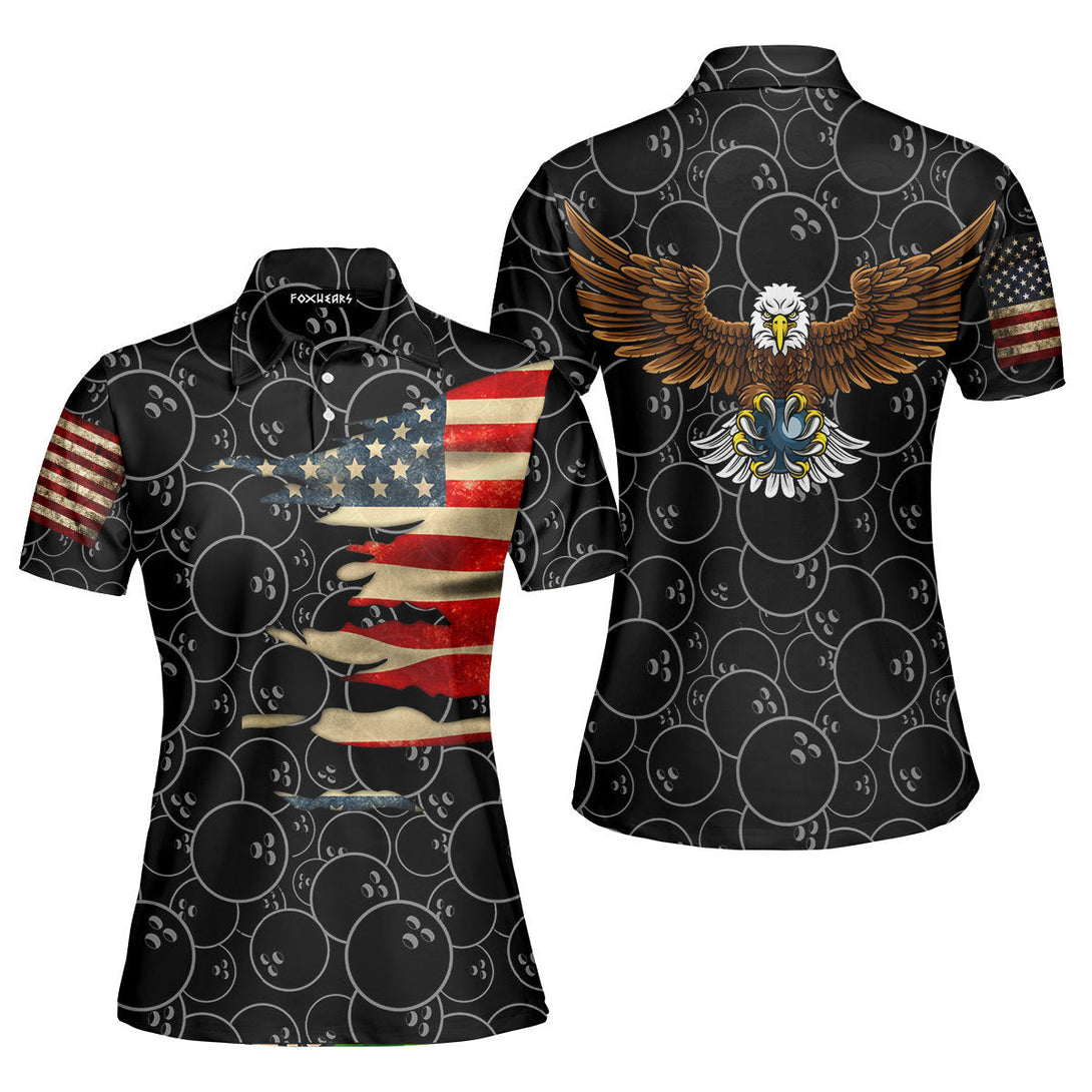 Bowling American Flag Eagle Black Polo Shirt For Women