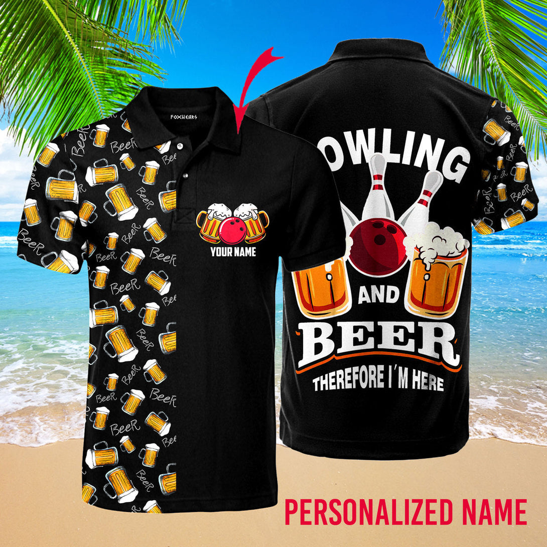 Bowling And Beer Black Sport Lovers Custom Name Polo Shirt For Men & Women