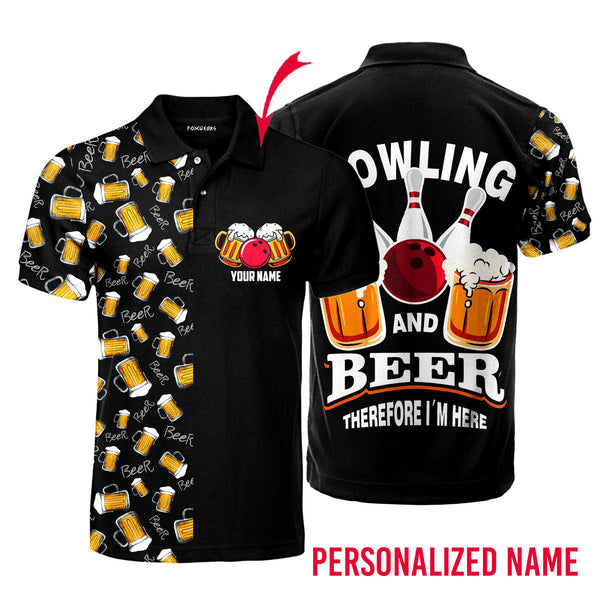 Bowling And Beer Black Sport Lovers Custom Name Polo Shirt For Men & Women
