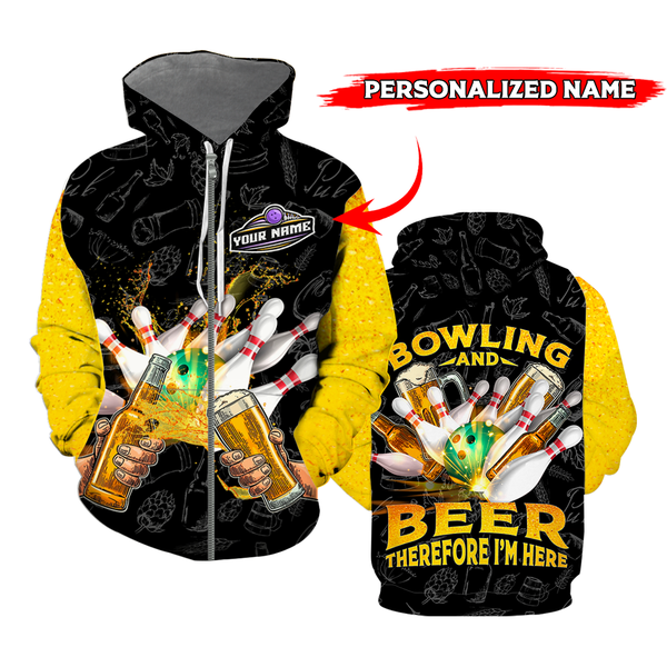 Bowling And Beer Custom Name Zip Up Hoodie For Men & Women