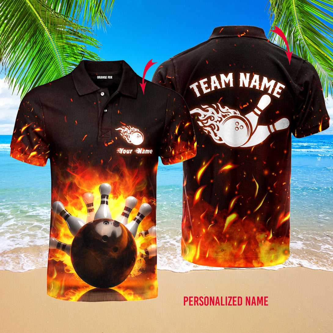 Bowling Fire Bowling Pins Custom Name Polo Shirt For Men & Women