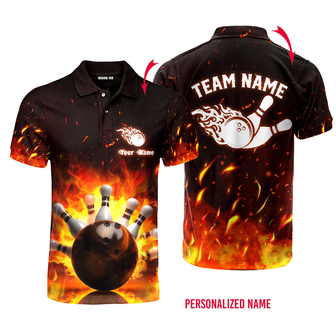 Bowling Fire Bowling Pins Custom Name Polo Shirt For Men & Women