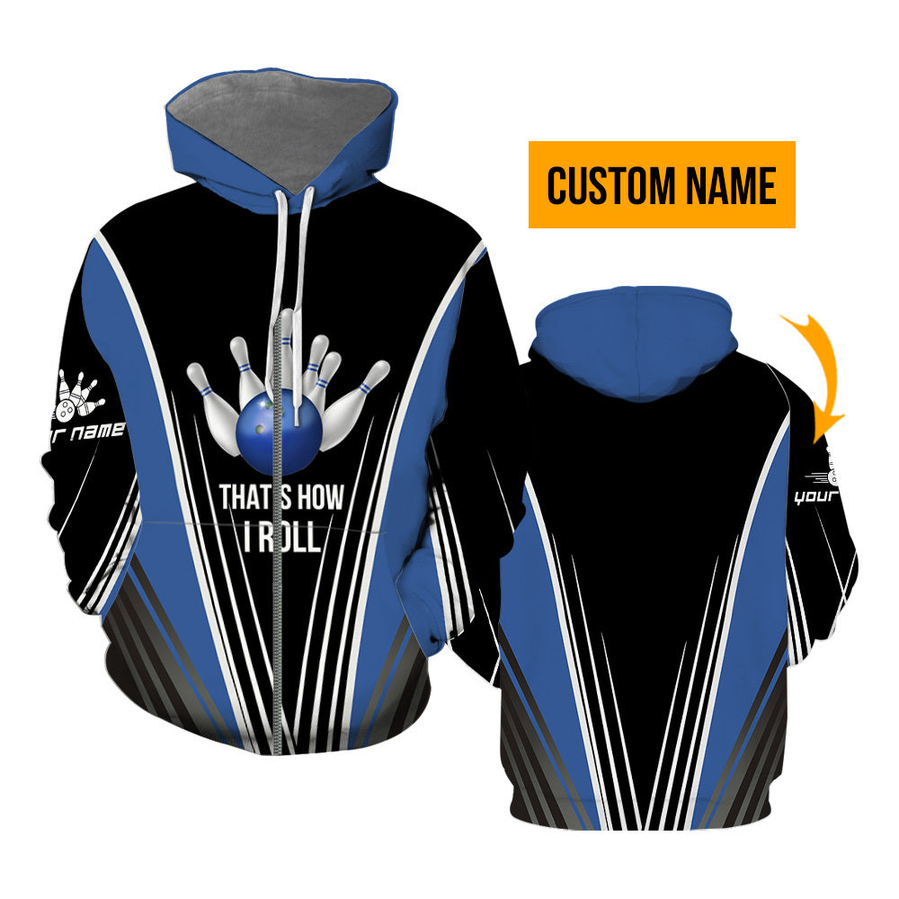 Bowling Gamer That's How I Roll Bowling Blue Custom Name Zip Up Hoodie For Men & Women