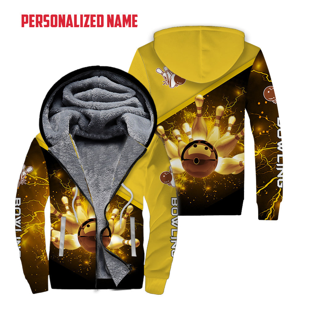 Bowling Golden Lightning Custom Name Fleece Zip Hoodie For Men & Women