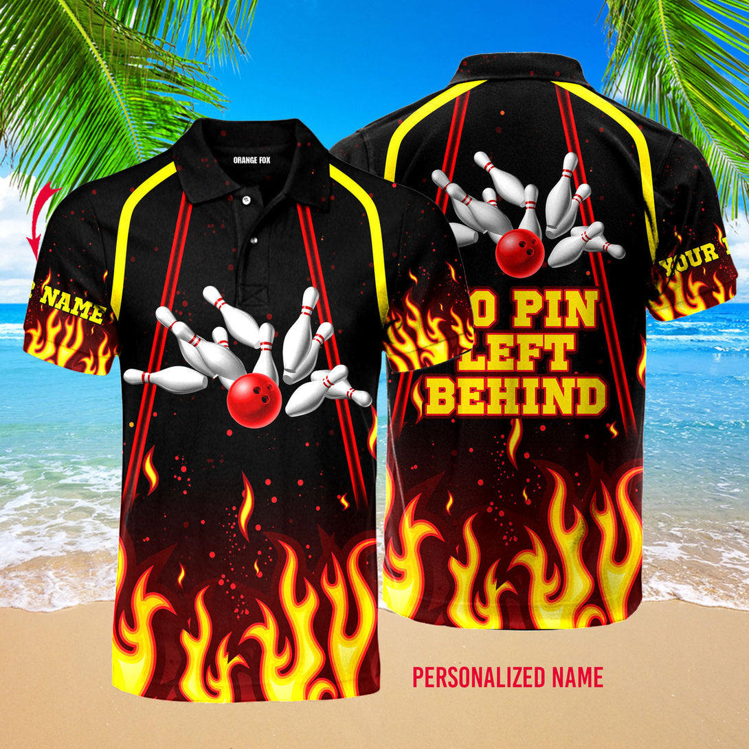 Bowling No Pin Left Behind Fire Custom Name Polo Shirt For Men & Women